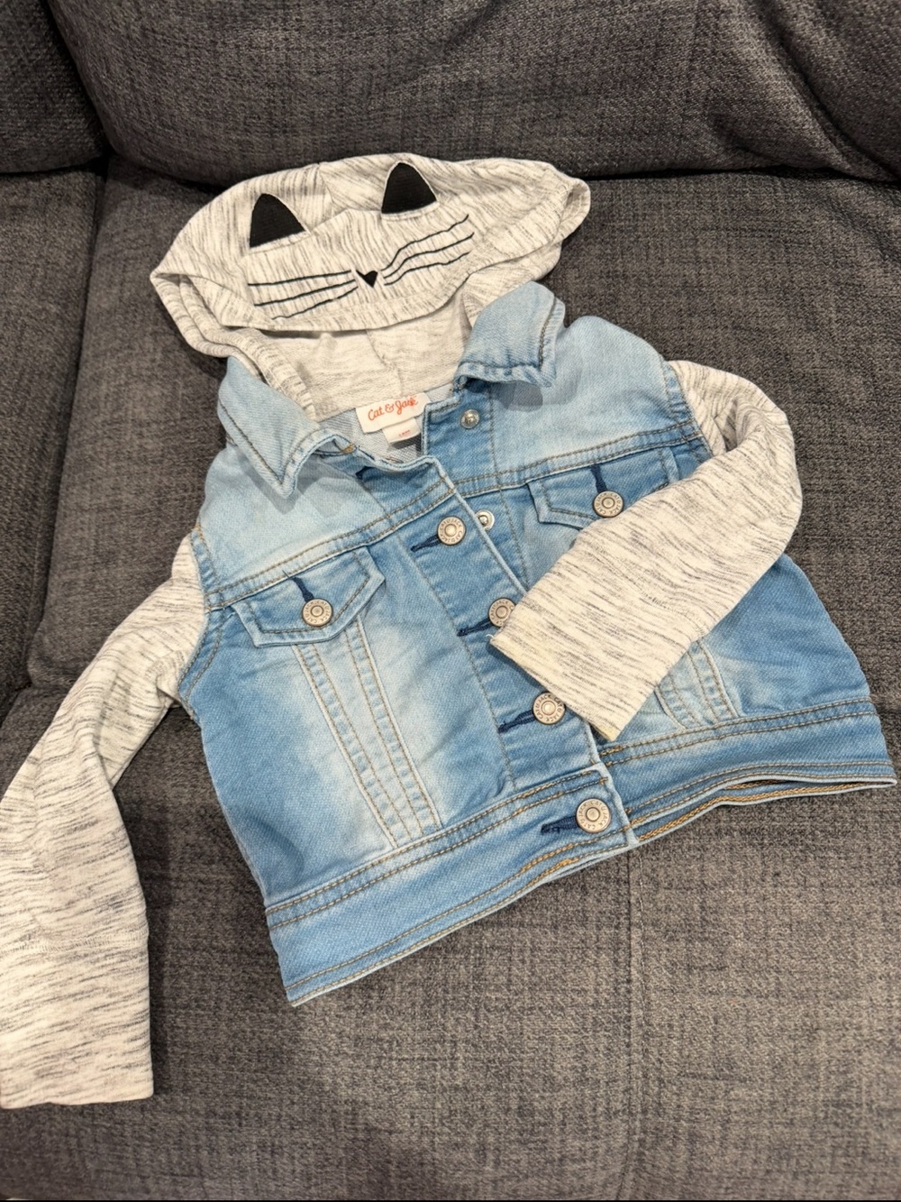Spring or Summer Denim Jacket with Heather Gray Cat Hood